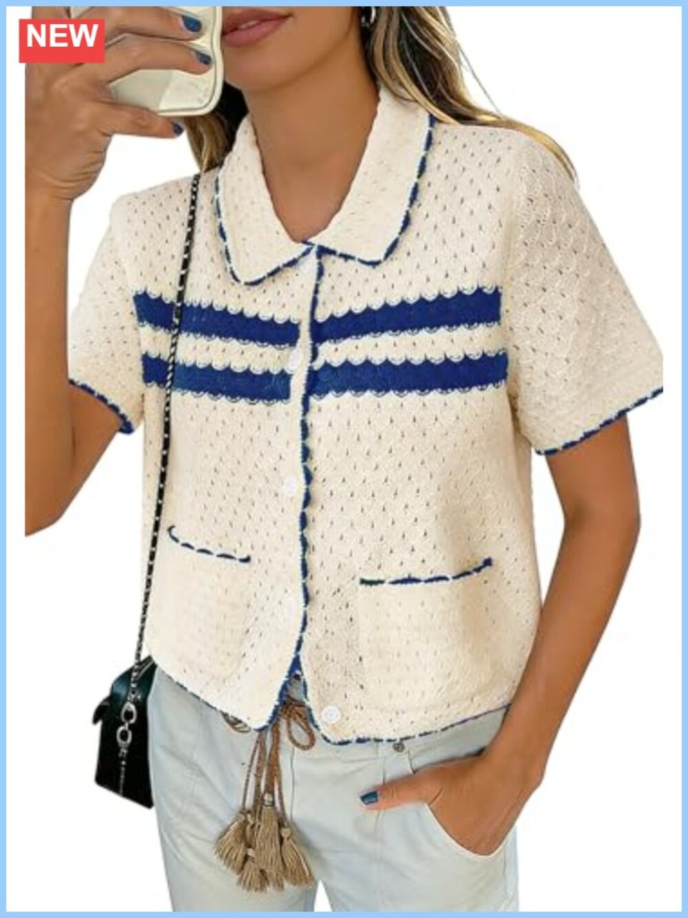 Womens Casual Summer Short Sleeve Button Down Crochet Knit Cardigan Sweater